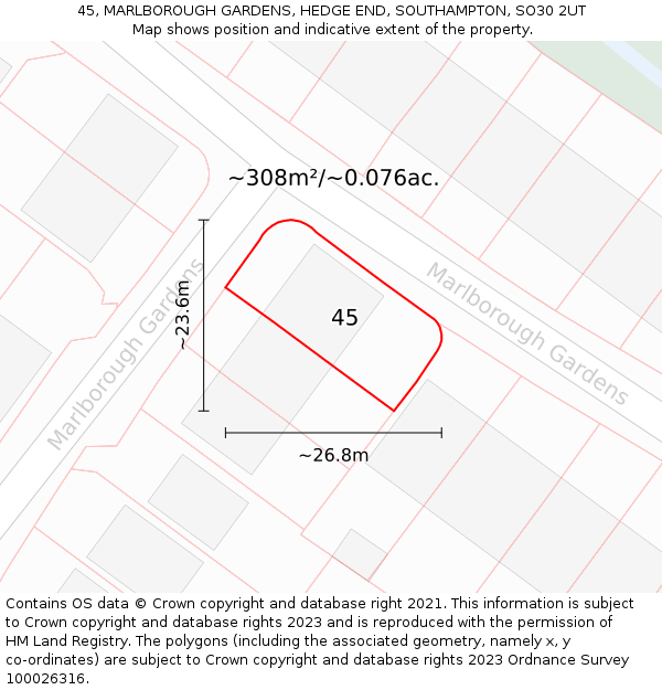 45, MARLBOROUGH GARDENS, HEDGE END, SOUTHAMPTON, SO30 2UT: Plot and title map