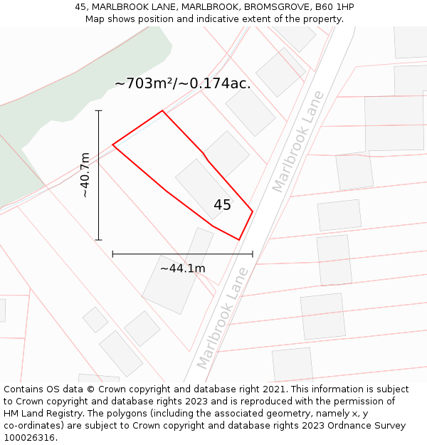 45, MARLBROOK LANE, MARLBROOK, BROMSGROVE, B60 1HP: Plot and title map