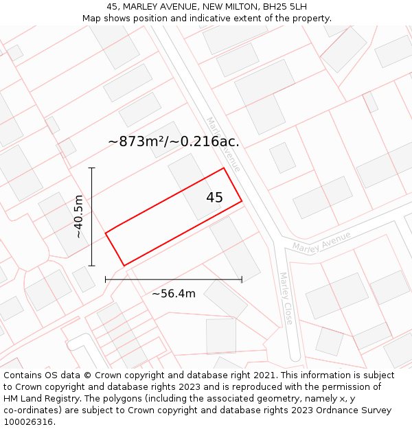 45, MARLEY AVENUE, NEW MILTON, BH25 5LH: Plot and title map