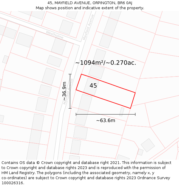 45, MAYFIELD AVENUE, ORPINGTON, BR6 0AJ: Plot and title map