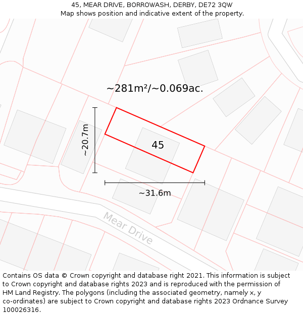 45, MEAR DRIVE, BORROWASH, DERBY, DE72 3QW: Plot and title map