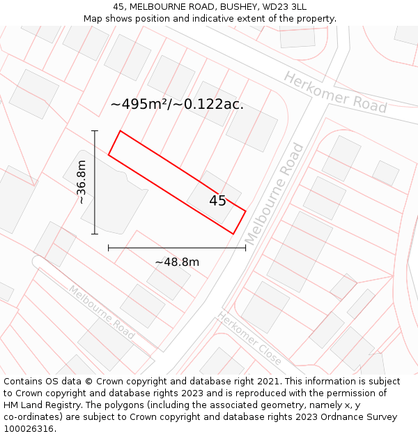 45, MELBOURNE ROAD, BUSHEY, WD23 3LL: Plot and title map