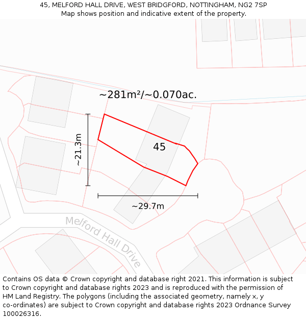 45, MELFORD HALL DRIVE, WEST BRIDGFORD, NOTTINGHAM, NG2 7SP: Plot and title map