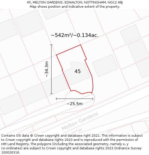 45, MELTON GARDENS, EDWALTON, NOTTINGHAM, NG12 4BJ: Plot and title map