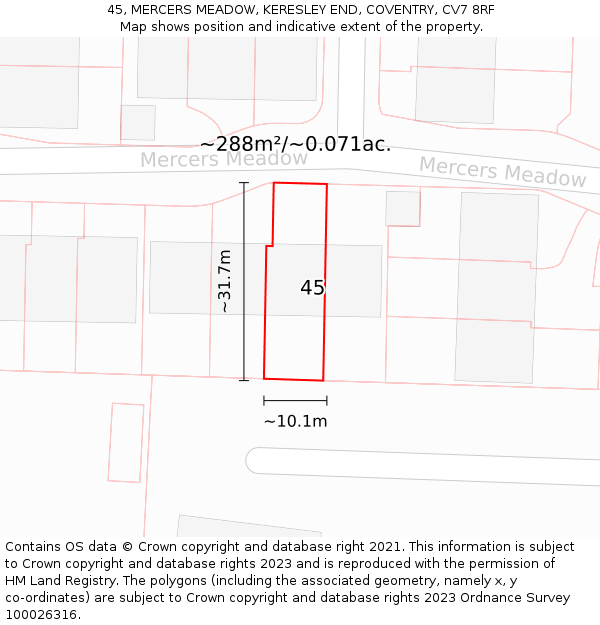 45, MERCERS MEADOW, KERESLEY END, COVENTRY, CV7 8RF: Plot and title map