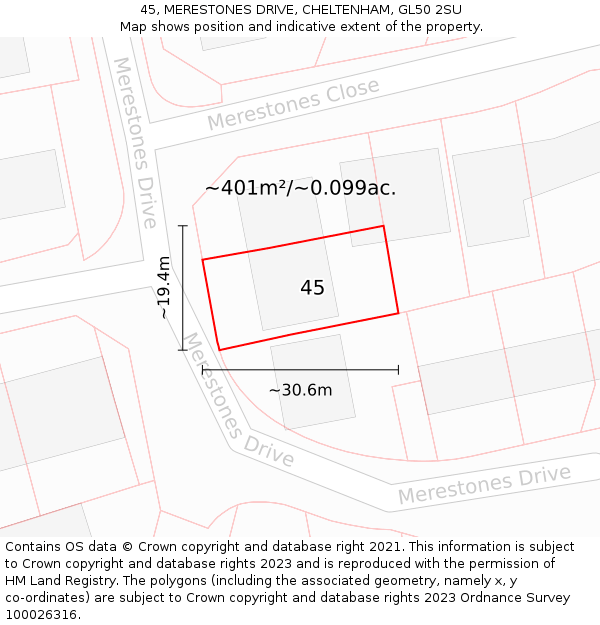 45, MERESTONES DRIVE, CHELTENHAM, GL50 2SU: Plot and title map