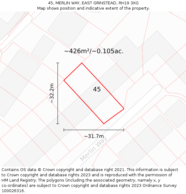 45, MERLIN WAY, EAST GRINSTEAD, RH19 3XG: Plot and title map