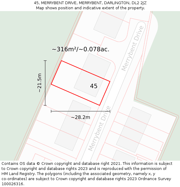 45, MERRYBENT DRIVE, MERRYBENT, DARLINGTON, DL2 2JZ: Plot and title map