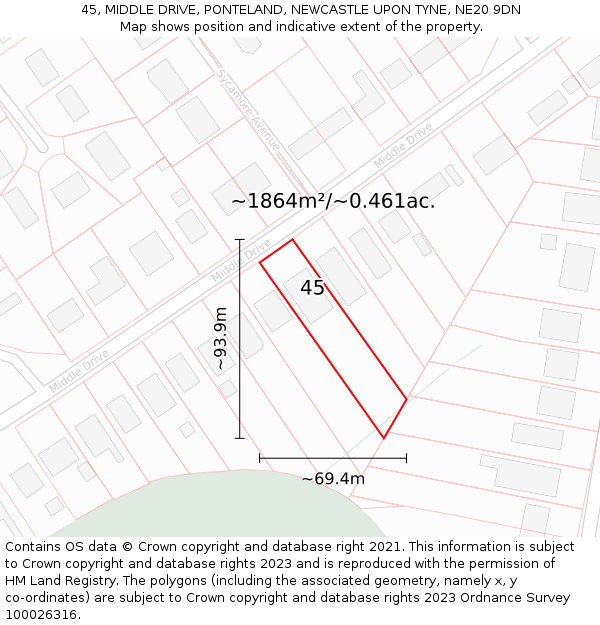 45, MIDDLE DRIVE, PONTELAND, NEWCASTLE UPON TYNE, NE20 9DN: Plot and title map