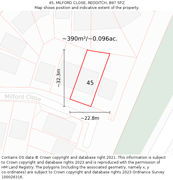 45, MILFORD CLOSE, REDDITCH, B97 5PZ: Plot and title map