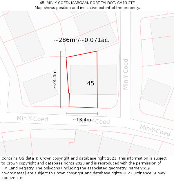 45, MIN Y COED, MARGAM, PORT TALBOT, SA13 2TE: Plot and title map