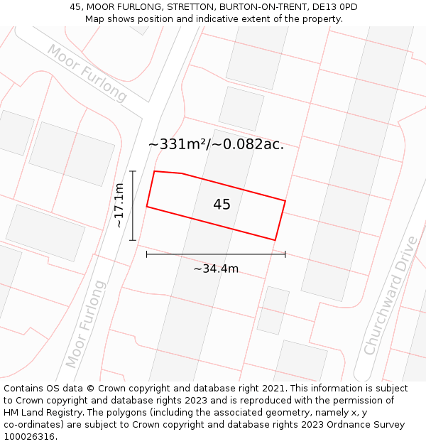 45, MOOR FURLONG, STRETTON, BURTON-ON-TRENT, DE13 0PD: Plot and title map