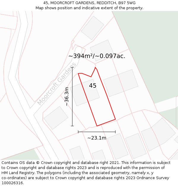 45, MOORCROFT GARDENS, REDDITCH, B97 5WG: Plot and title map