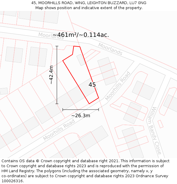 45, MOORHILLS ROAD, WING, LEIGHTON BUZZARD, LU7 0NG: Plot and title map