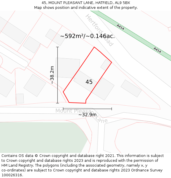 45, MOUNT PLEASANT LANE, HATFIELD, AL9 5BX: Plot and title map