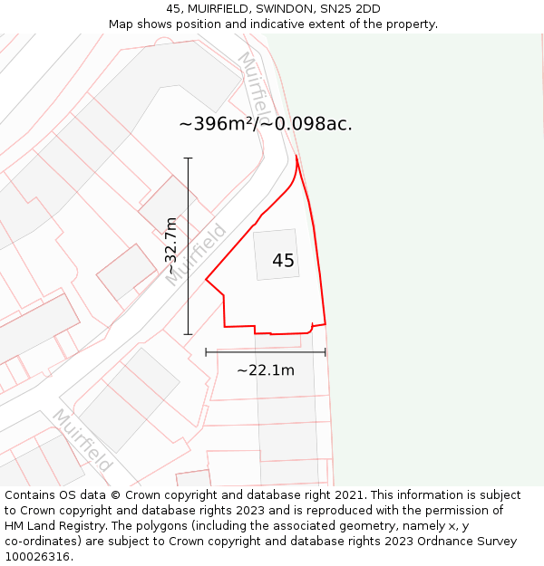 45, MUIRFIELD, SWINDON, SN25 2DD: Plot and title map