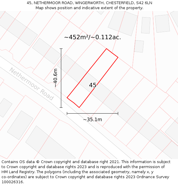 45, NETHERMOOR ROAD, WINGERWORTH, CHESTERFIELD, S42 6LN: Plot and title map