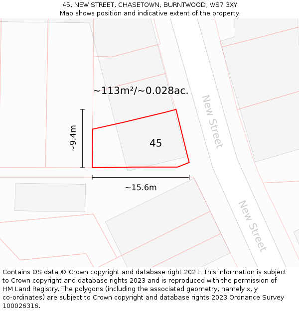 45, NEW STREET, CHASETOWN, BURNTWOOD, WS7 3XY: Plot and title map