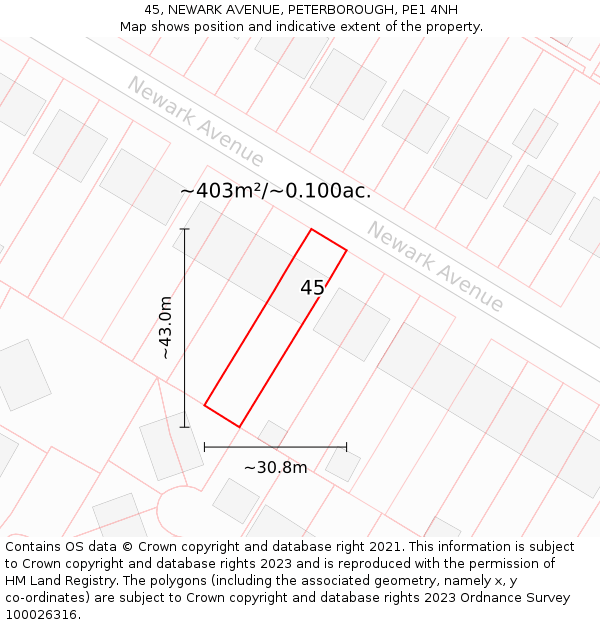 45, NEWARK AVENUE, PETERBOROUGH, PE1 4NH: Plot and title map