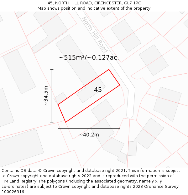 45, NORTH HILL ROAD, CIRENCESTER, GL7 1PG: Plot and title map