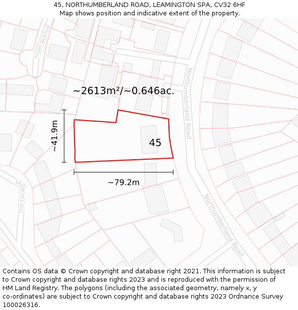 45, NORTHUMBERLAND ROAD, LEAMINGTON SPA, CV32 6HF: Plot and title map