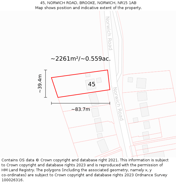 45, NORWICH ROAD, BROOKE, NORWICH, NR15 1AB: Plot and title map