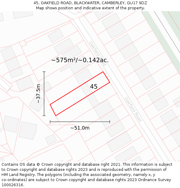 45, OAKFIELD ROAD, BLACKWATER, CAMBERLEY, GU17 9DZ: Plot and title map