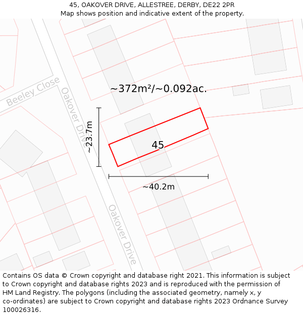 45, OAKOVER DRIVE, ALLESTREE, DERBY, DE22 2PR: Plot and title map