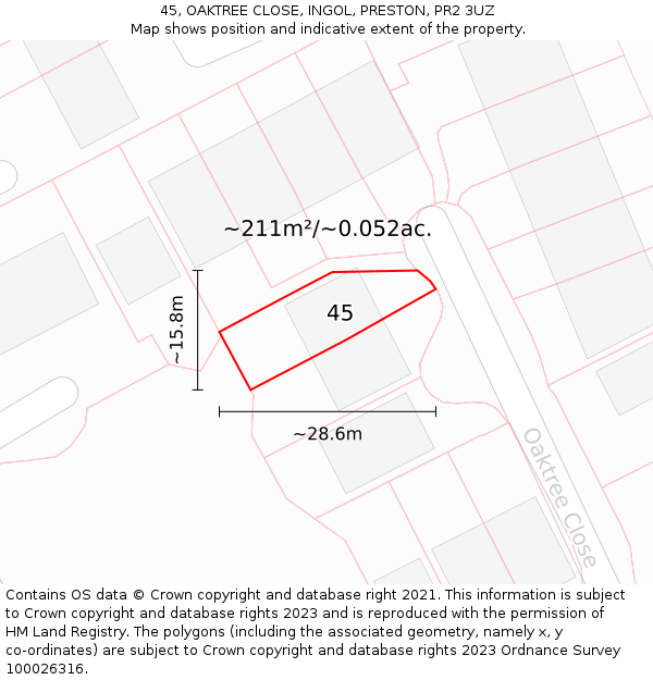 45, OAKTREE CLOSE, INGOL, PRESTON, PR2 3UZ: Plot and title map