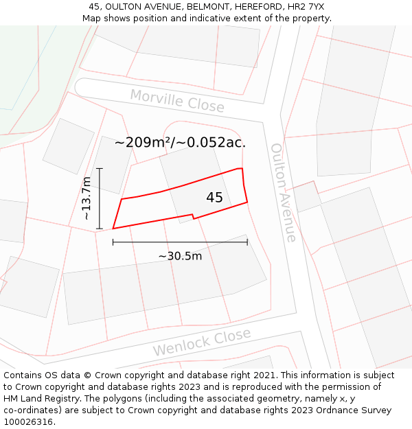 45, OULTON AVENUE, BELMONT, HEREFORD, HR2 7YX: Plot and title map