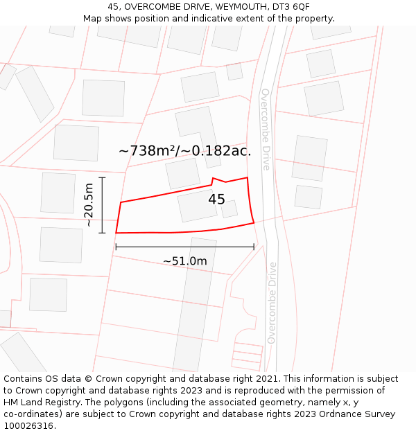 45, OVERCOMBE DRIVE, WEYMOUTH, DT3 6QF: Plot and title map