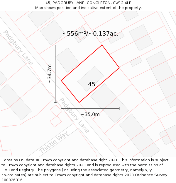 45, PADGBURY LANE, CONGLETON, CW12 4LP: Plot and title map