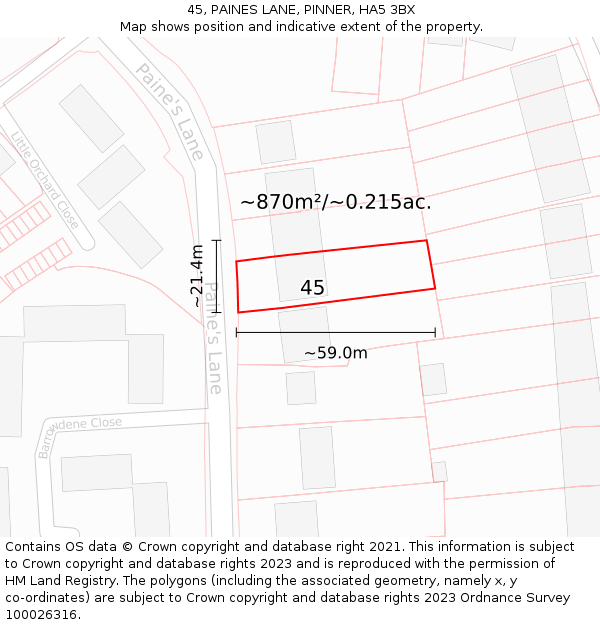 45, PAINES LANE, PINNER, HA5 3BX: Plot and title map