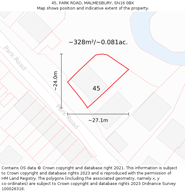 45, PARK ROAD, MALMESBURY, SN16 0BX: Plot and title map