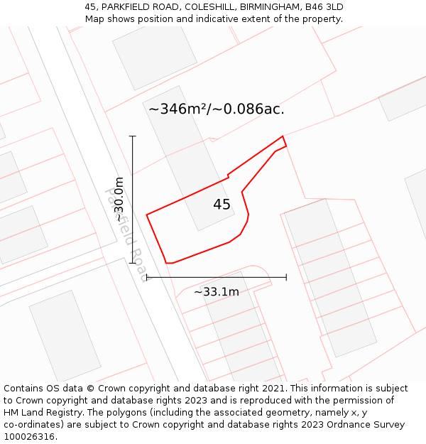 45, PARKFIELD ROAD, COLESHILL, BIRMINGHAM, B46 3LD: Plot and title map