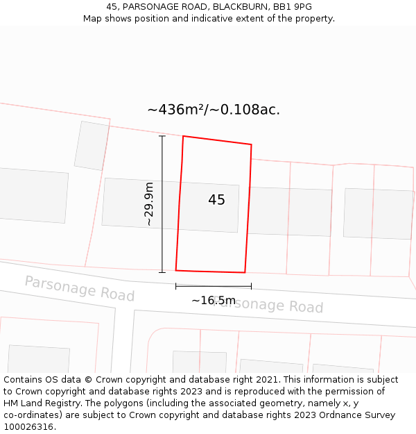 45, PARSONAGE ROAD, BLACKBURN, BB1 9PG: Plot and title map