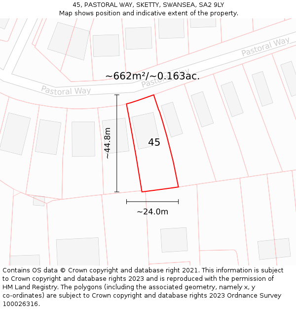 45, PASTORAL WAY, SKETTY, SWANSEA, SA2 9LY: Plot and title map