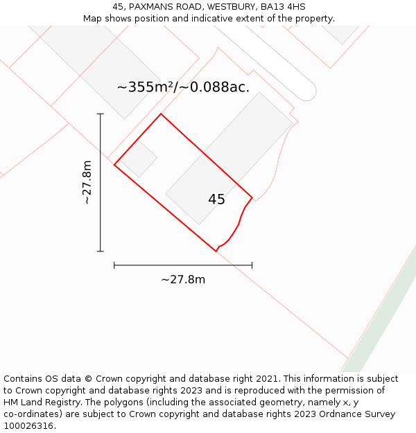 45, PAXMANS ROAD, WESTBURY, BA13 4HS: Plot and title map