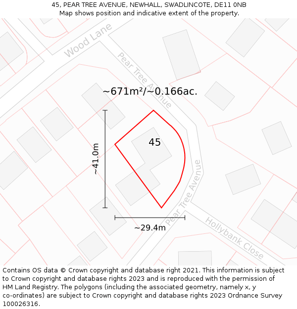 45, PEAR TREE AVENUE, NEWHALL, SWADLINCOTE, DE11 0NB: Plot and title map