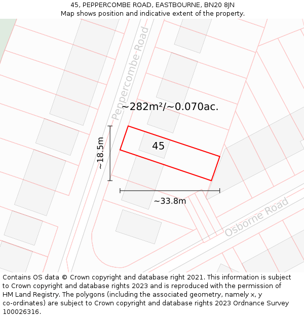 45, PEPPERCOMBE ROAD, EASTBOURNE, BN20 8JN: Plot and title map