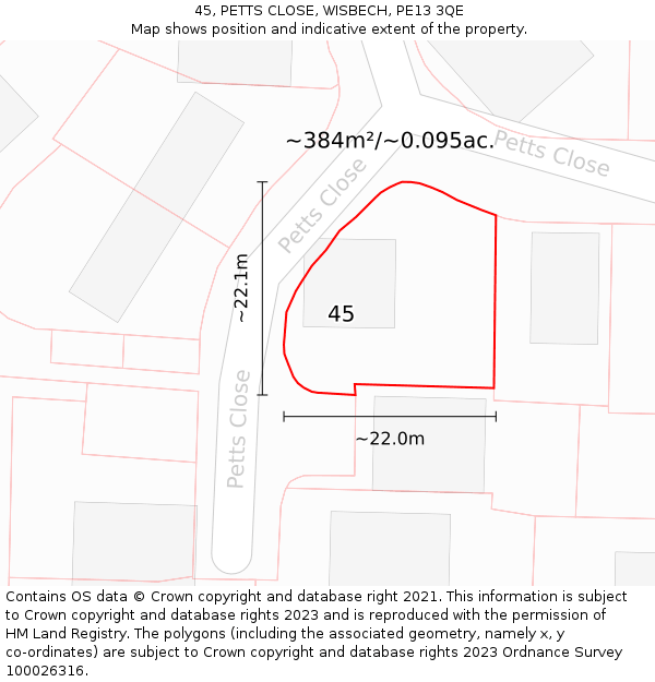 45, PETTS CLOSE, WISBECH, PE13 3QE: Plot and title map