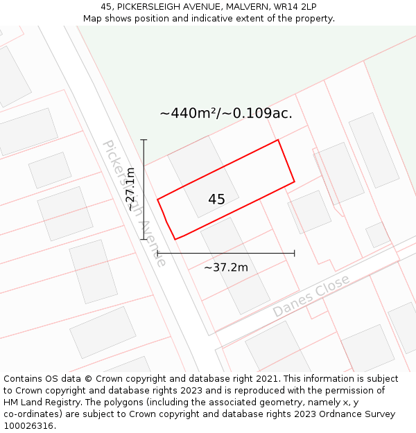 45, PICKERSLEIGH AVENUE, MALVERN, WR14 2LP: Plot and title map