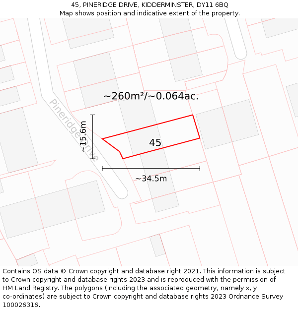 45, PINERIDGE DRIVE, KIDDERMINSTER, DY11 6BQ: Plot and title map