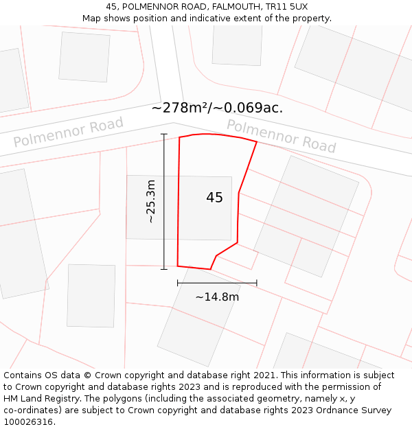 45, POLMENNOR ROAD, FALMOUTH, TR11 5UX: Plot and title map