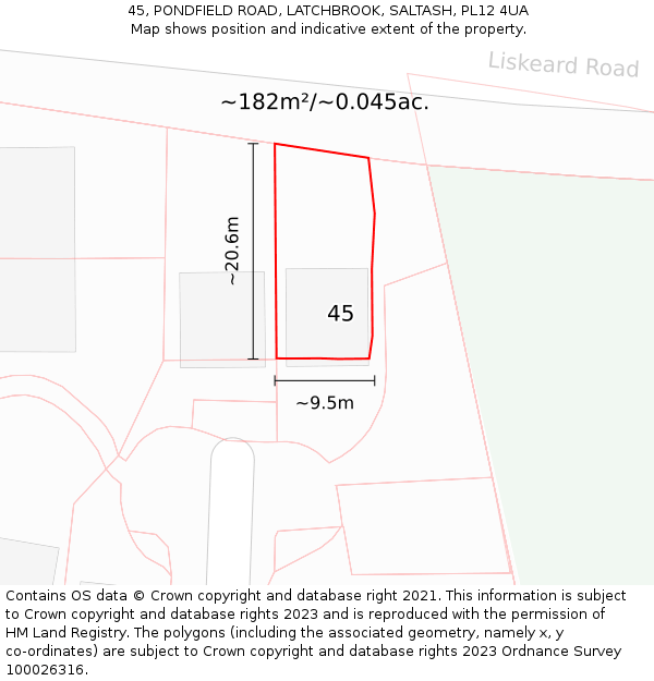 45, PONDFIELD ROAD, LATCHBROOK, SALTASH, PL12 4UA: Plot and title map