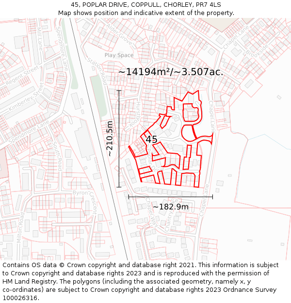 45, POPLAR DRIVE, COPPULL, CHORLEY, PR7 4LS: Plot and title map