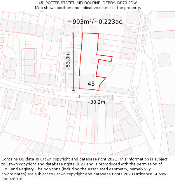 45, POTTER STREET, MELBOURNE, DERBY, DE73 8DW: Plot and title map