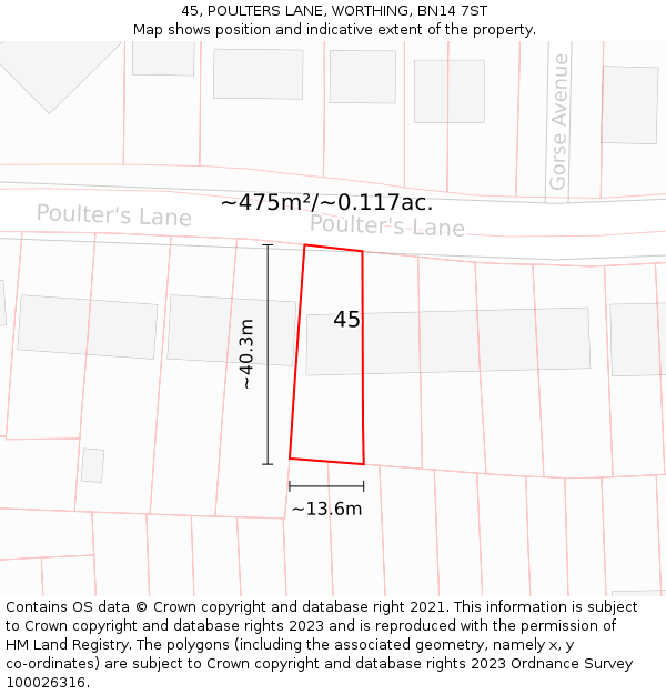 45, POULTERS LANE, WORTHING, BN14 7ST: Plot and title map