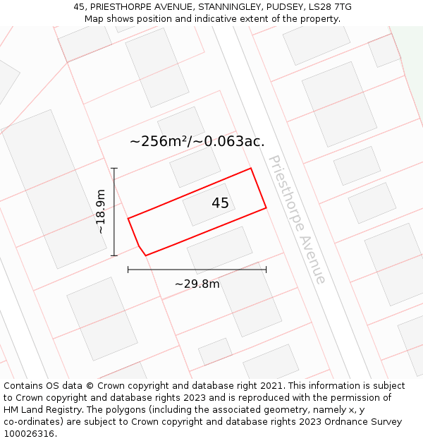 45, PRIESTHORPE AVENUE, STANNINGLEY, PUDSEY, LS28 7TG: Plot and title map