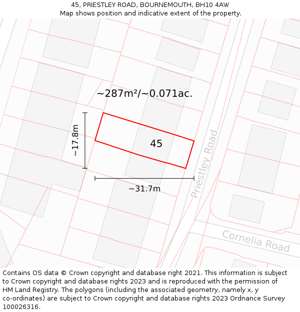 45, PRIESTLEY ROAD, BOURNEMOUTH, BH10 4AW: Plot and title map